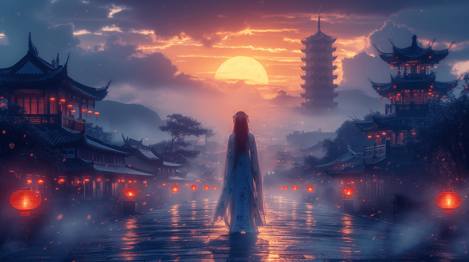 AI generated: The silhouette of gorgeous Chinese princess on the street, stands under huge morden buildings, Embro...
