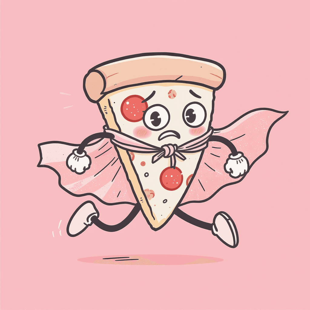 AI generated: A playful, minimalist cartoon illustration of a slice of pizza running heroically, wearing a superhe...