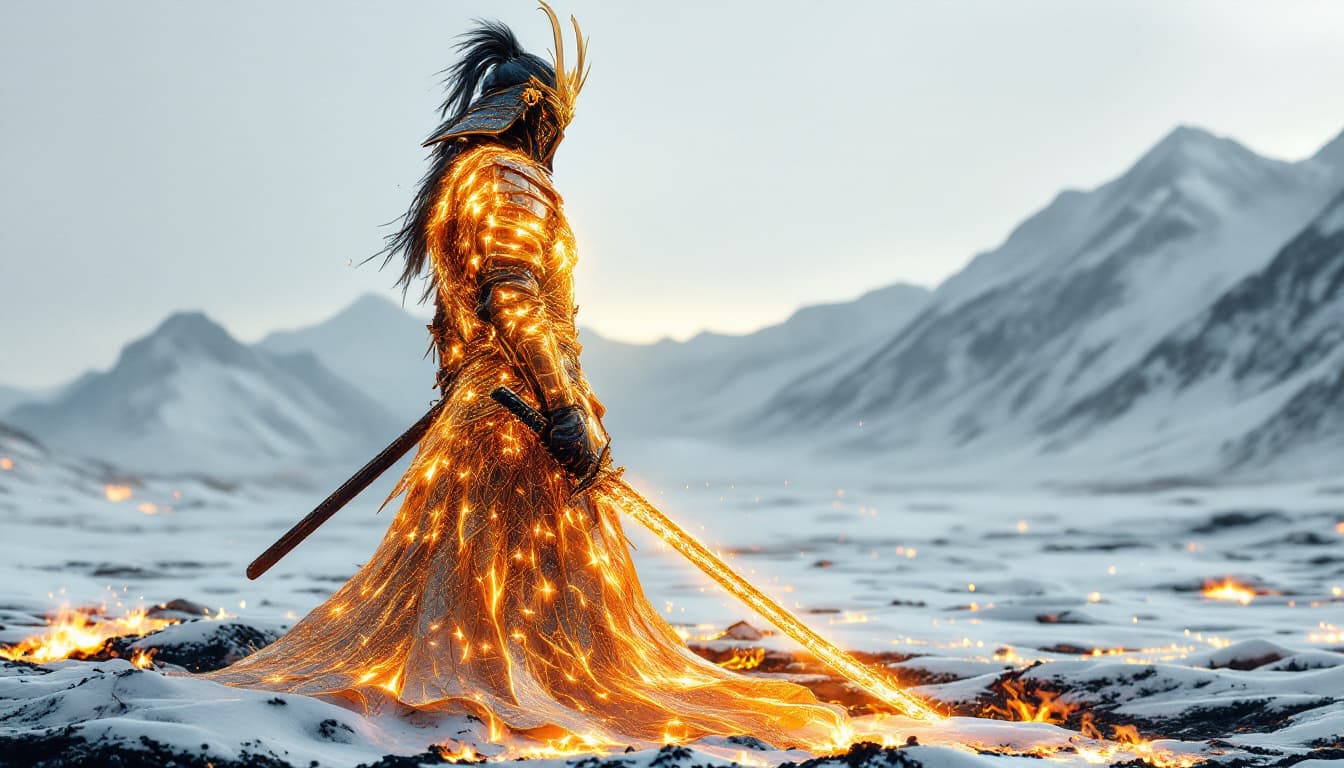 AI generated: A samurai clad in armor woven entirely from rays of sunlight, standing in a snowy and desolate lands...