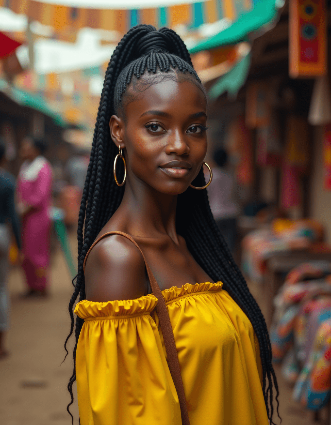 AI generated: Black Hair in Cornrows, African Ethnicity, Vibrant Style, Bustling Marketplace: A hyperrealistic por...
