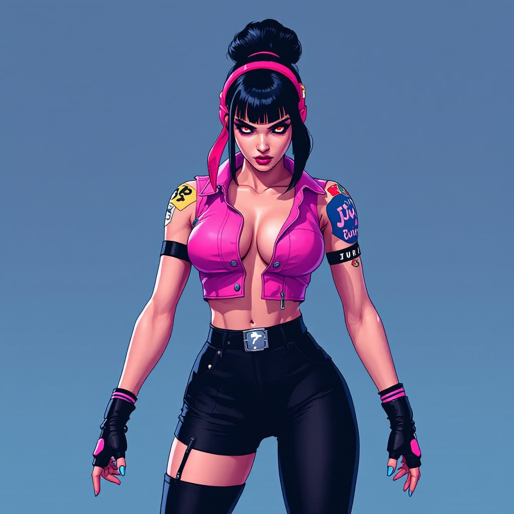 AI generated: Juri from the game Street fighter 6, 90s, anime, japanese pop, japanese words, in the style of Jamie...