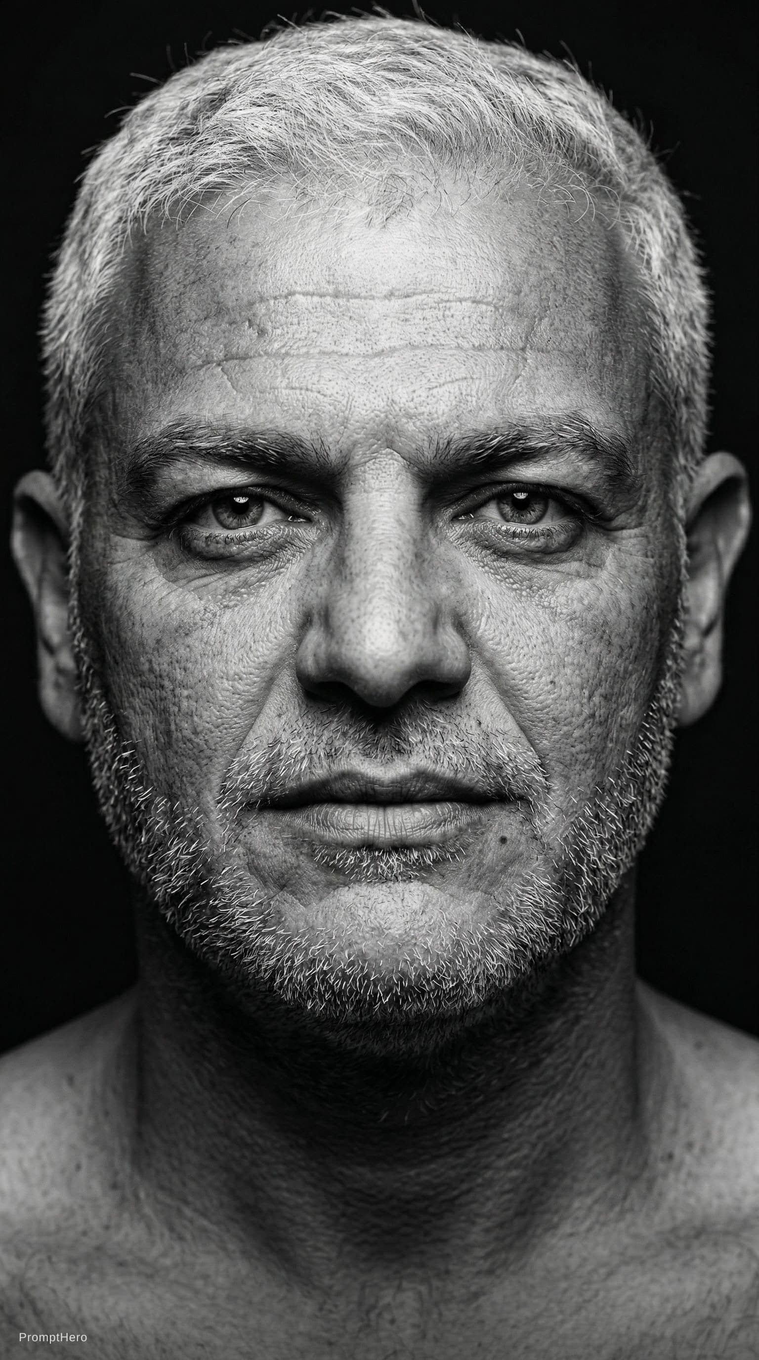 AI generated: High-definition black and white portrait of an attractive mature man, 60–80 years old. Minimalist be...