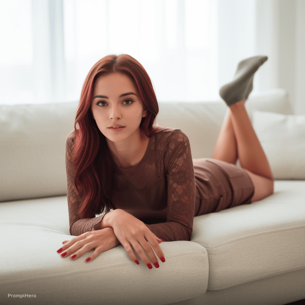 AI generated: The image is a vertical, high-quality realistic photograph of a beautiful young woman posing on a so...