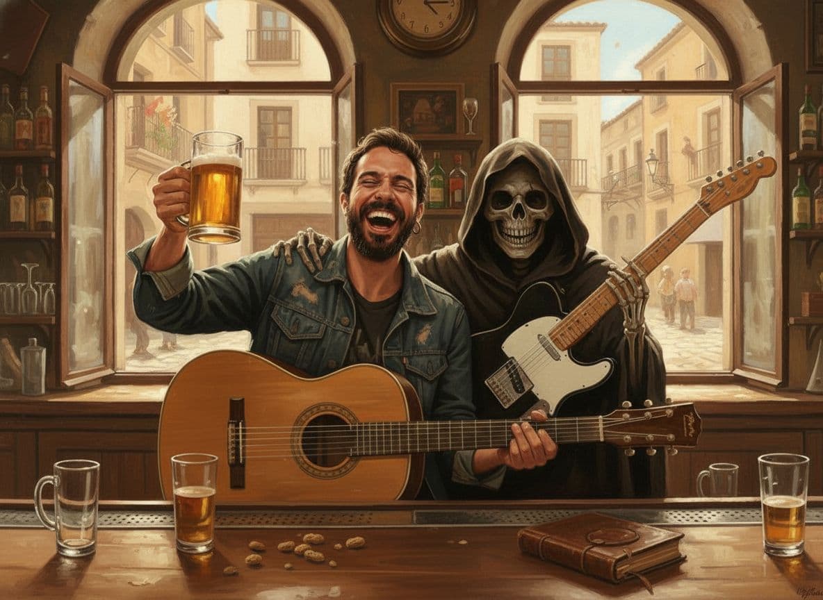 AI generated: over-the-shoulder shot from behind the man and the Grim Reaper sitting at the bar, camera positioned...