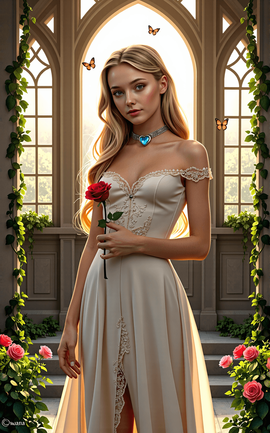 AI generated: A fairy tale princess stands in a luminous castle garden, slender and softly curvaceous, with a narr...