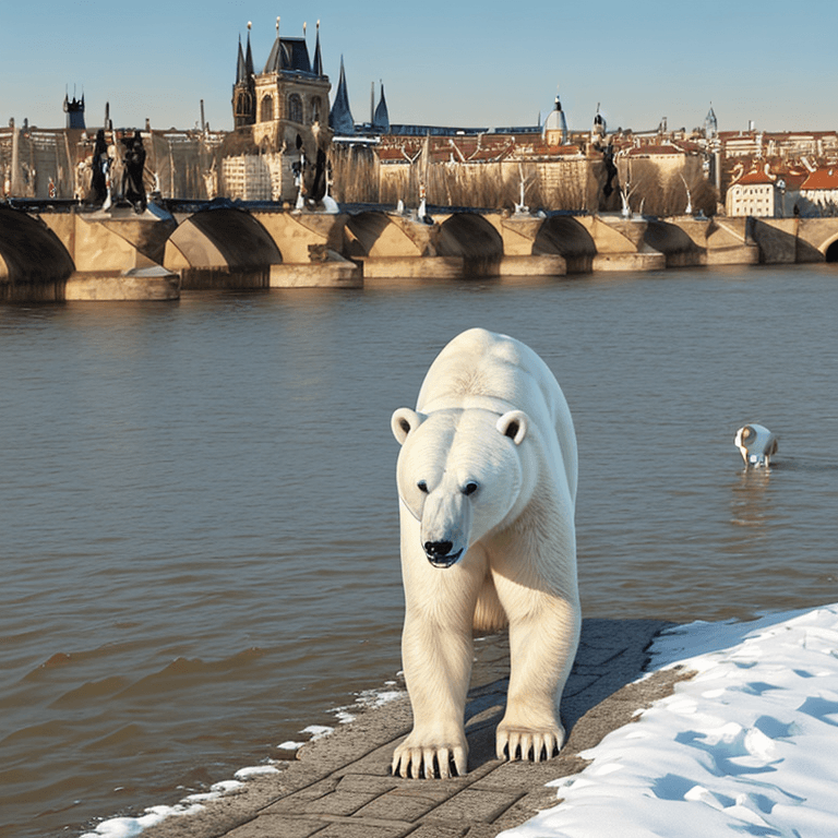 AI generated: Polar bear taking a walk at Charles Bridge