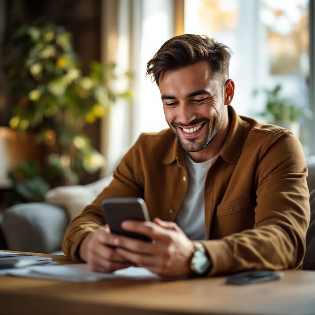 AI generated: A healthy-looking Latin man in his early 40s holding a mobile phone looking directly at phone, sitti...