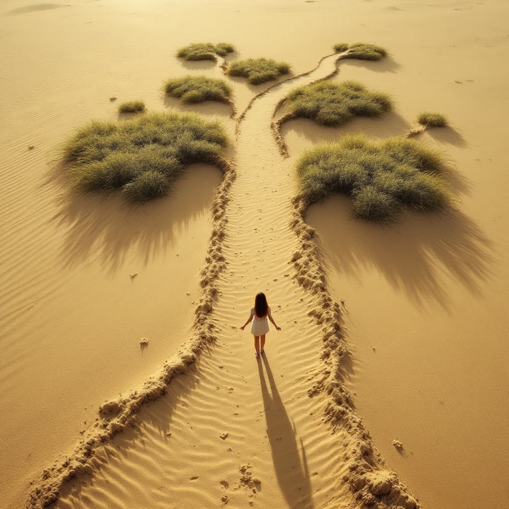 AI generated: the girl stands on one of the many paths that diverge in different directions. the roads in the sand...