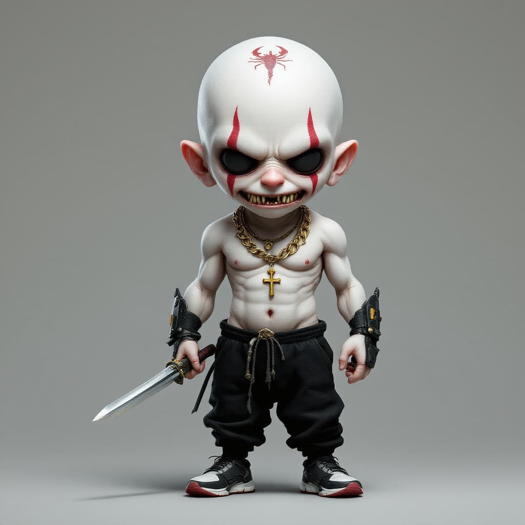 AI generated: A short man (1.55 cm tall) with pale, almost ghostly white skin and a completely bald head. On his s...