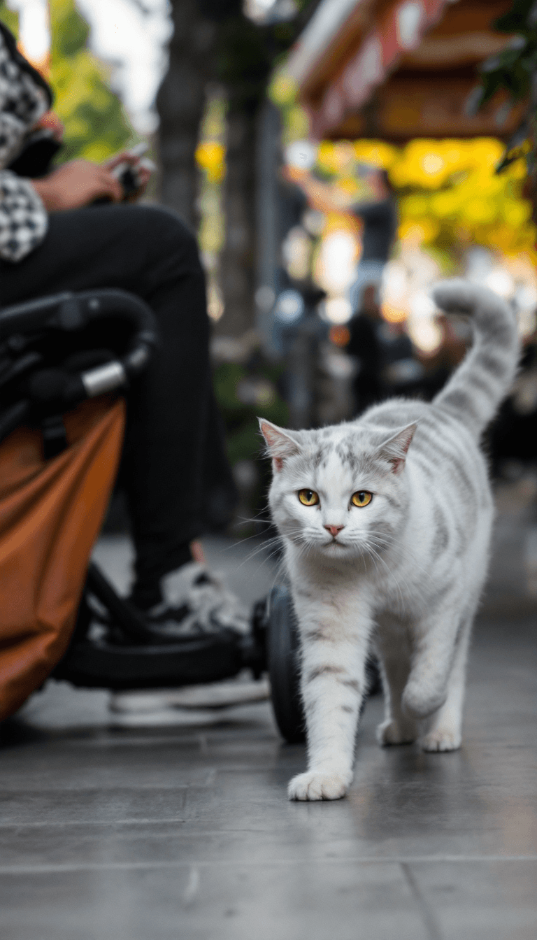AI generated: a cat walks a person who is sitting in a stroller