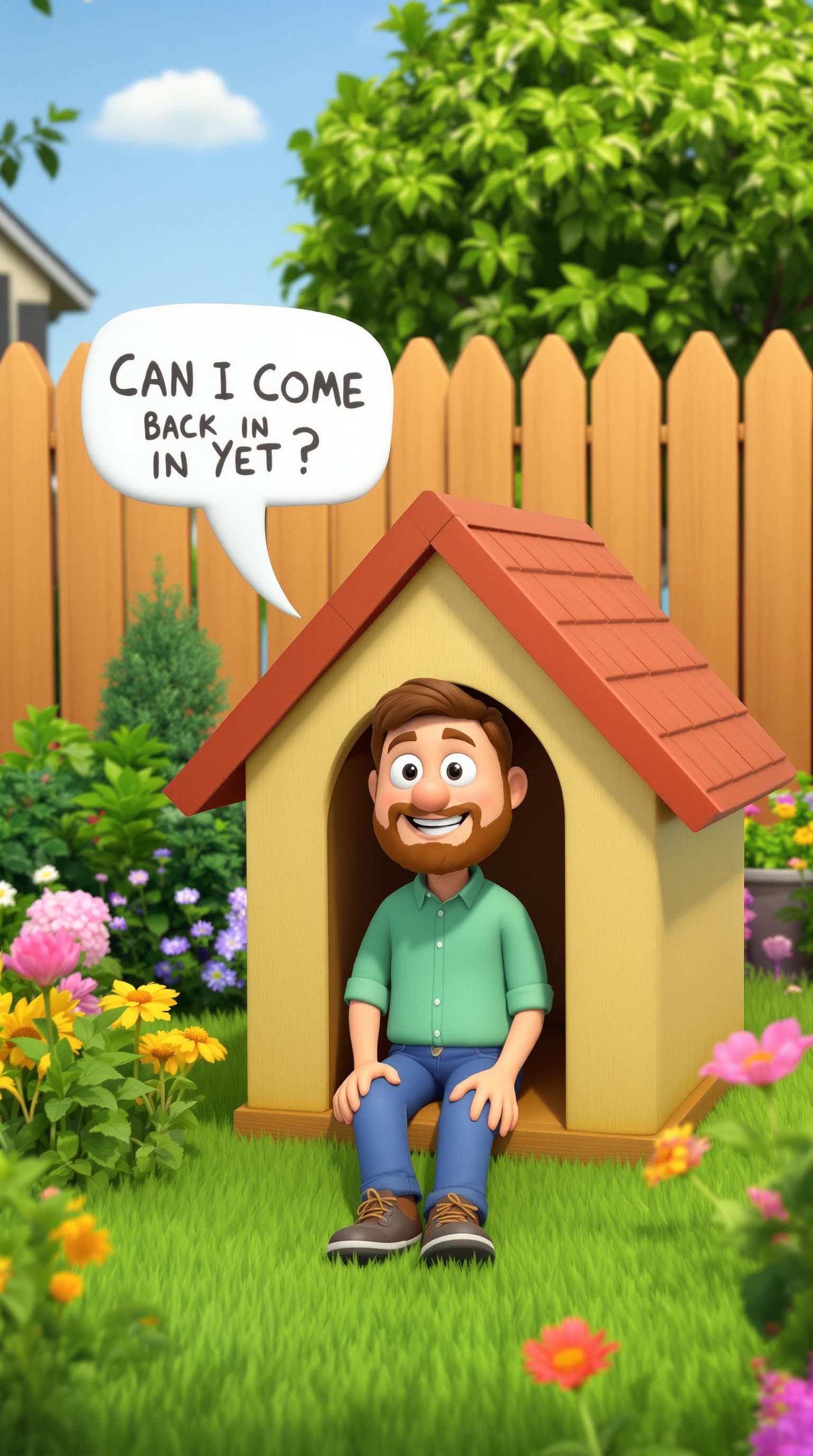 AI generated: 3d cartoon man sat in a dog house in the middle of the garden, a speech bubble says " CAN I COME BAC...