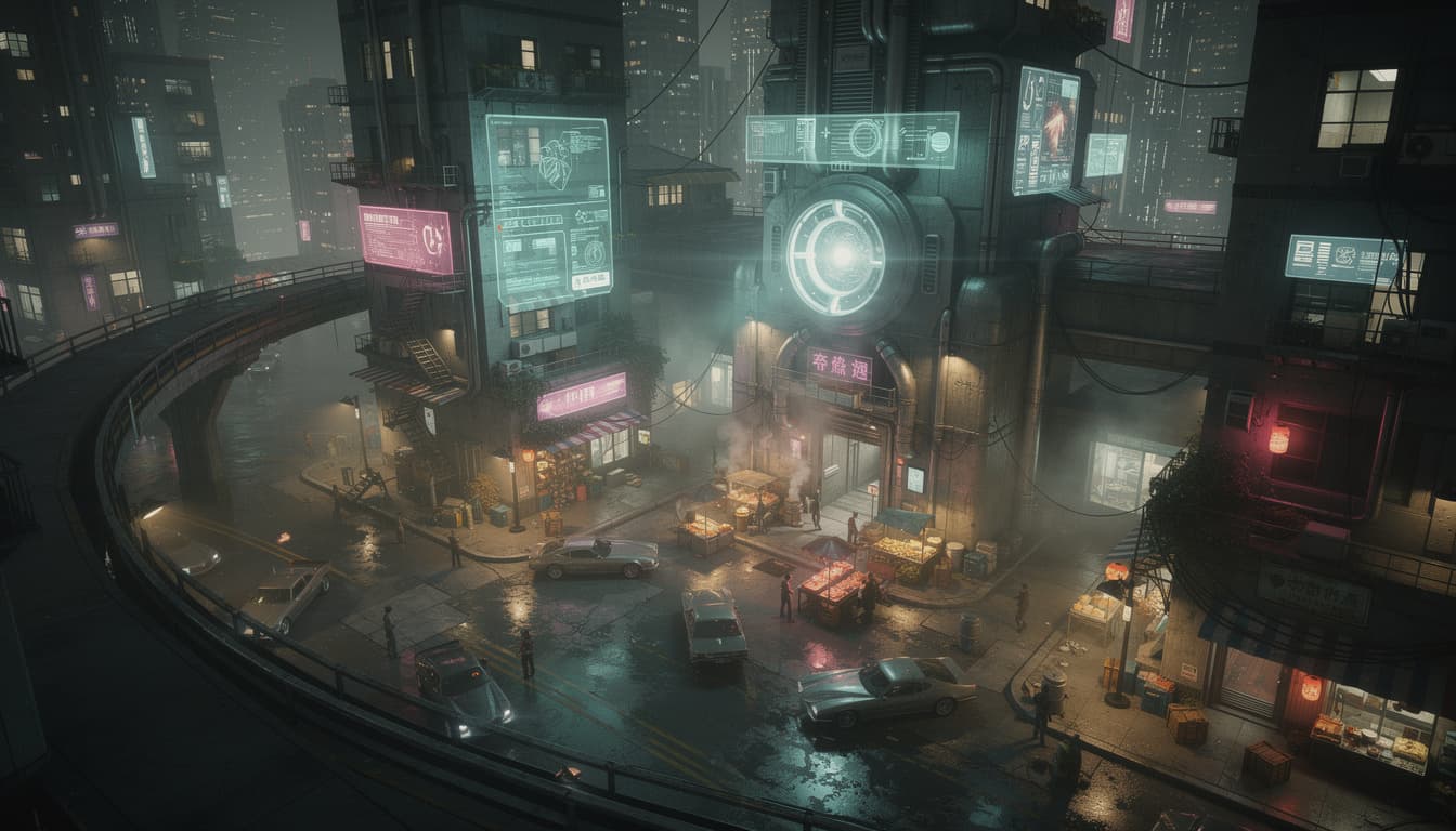 AI generated: Ultra-detailed cyberpunk city plaza at night, viewed from high angle, dense vertical architecture, s...