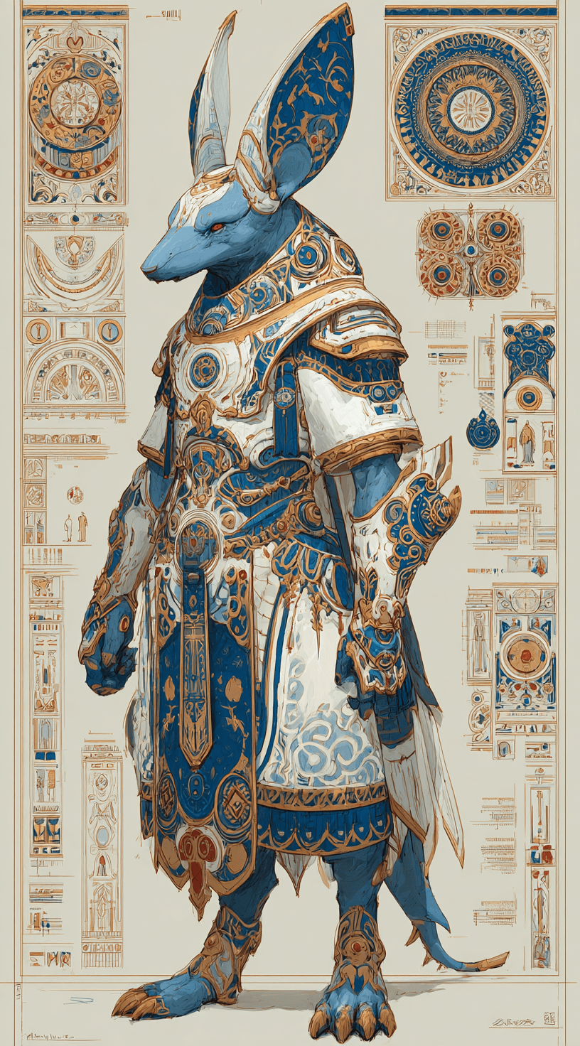 AI generated: A full-body character design of an anthropomorphic jackal dressed as a pharaoh in white, blue, and g...