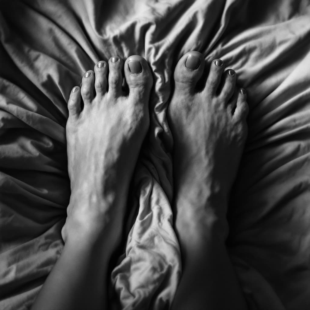 AI generated: style photographique réaliste, en noir et blanc, des pieds féminins sur un lit
