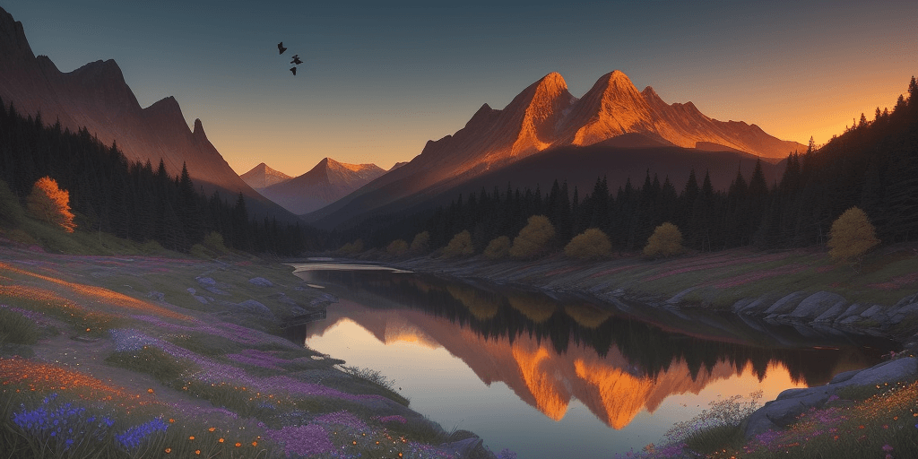 AI generated: ​Visualize a breathtaking mountain landscape at sunset, where the last golden rays of light reflect ...