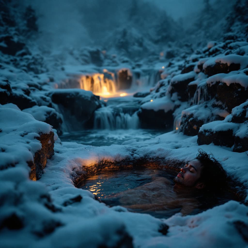 AI generated: Photo style, heavy snow, hot springs, small waterfalls, dark night, strong winds, a person lying on ...