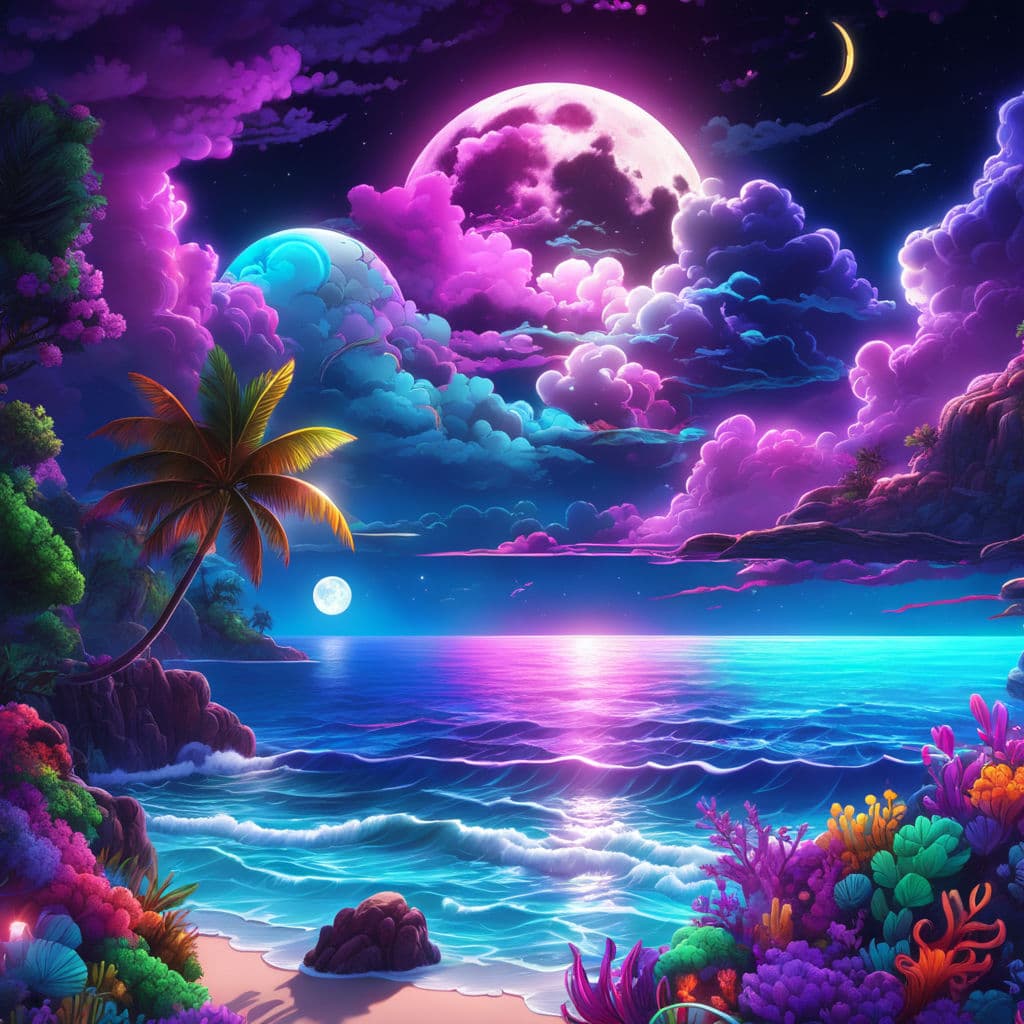 AI generated: neon light art, in the dark of night,  moonlit seas, clouds, moon, stars, colorful, detailed, 4k, ul...