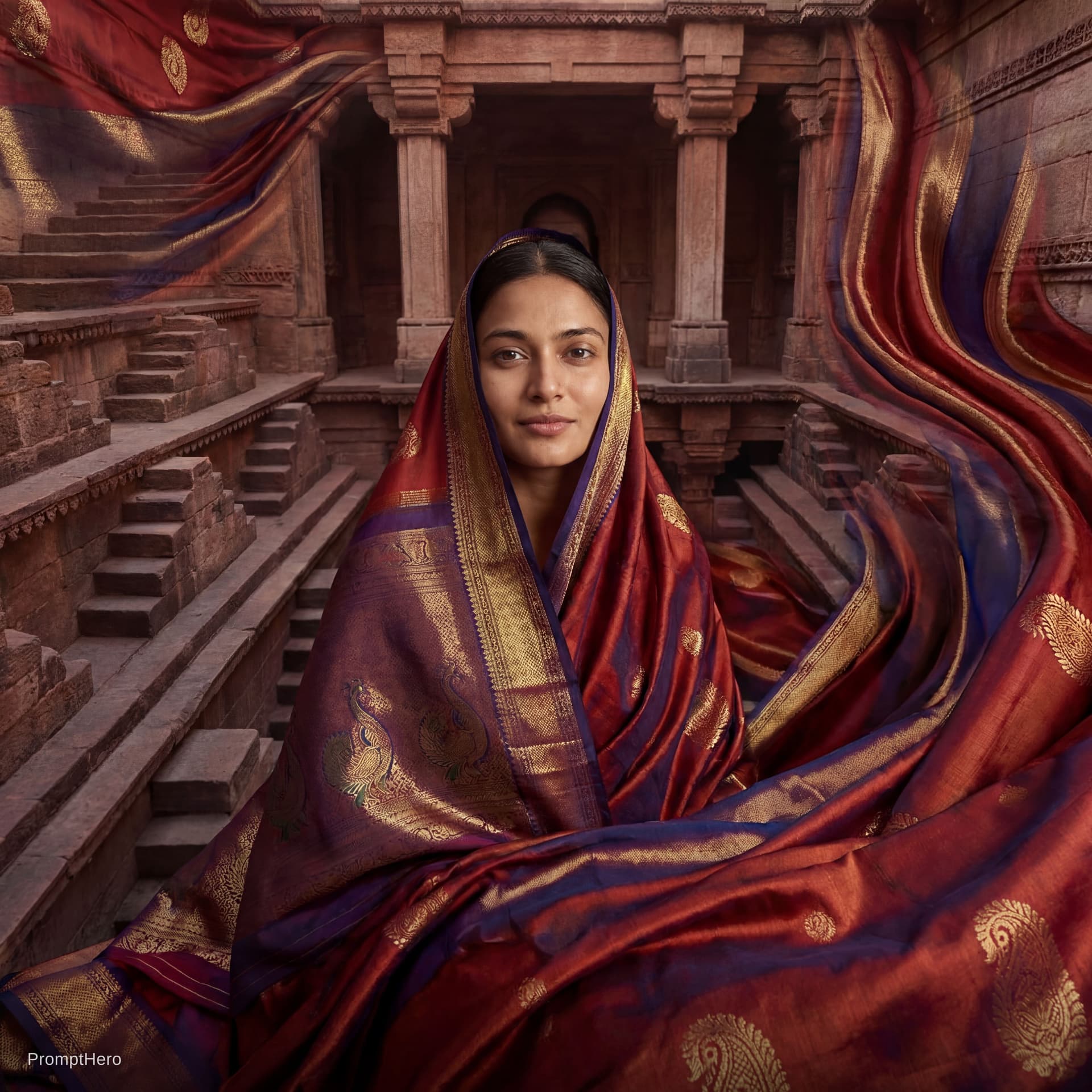 AI generated: Reimagine the subject within a continuous landscape of flowing Kanjeevaram silk, where clothing and ...