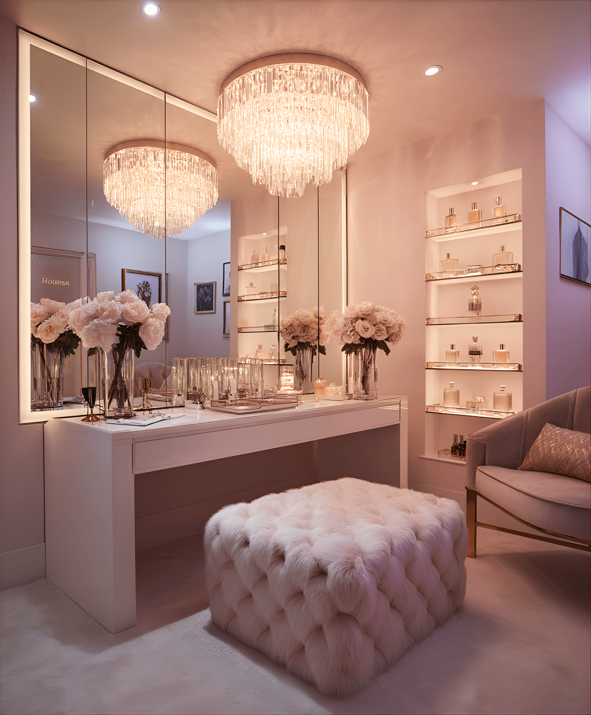 AI generated: photography, a chic dressing room featuring a vanity table, plush seating, and mirrored walls, refle...