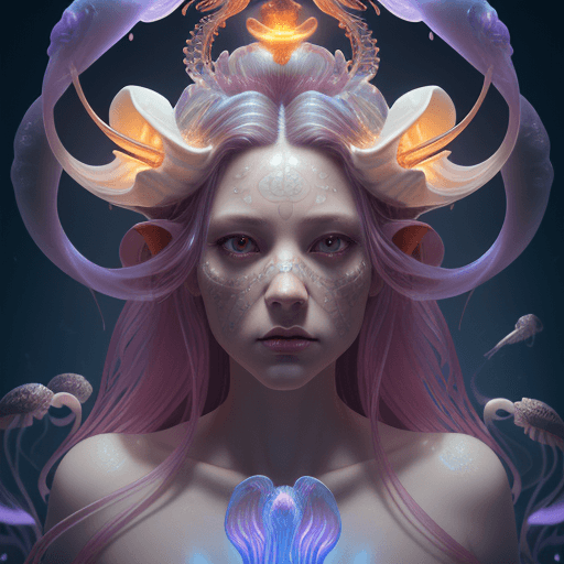 AI generated: Goddess close-up portrait ribcagel. jellyfish phoenix head, nautilus, orchid, skull, betta fish, bio...
