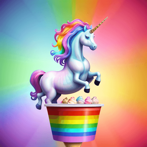 AI generated: a unicorn dancing on rainbow holding ice cream. make it super colorful