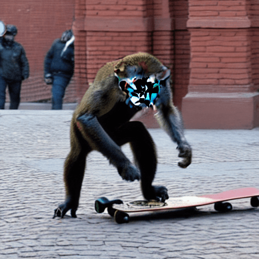 AI generated: a monkey with a grenade in his right hand rides a skateboard along Red Square, Putin sweeps Red Squa...
