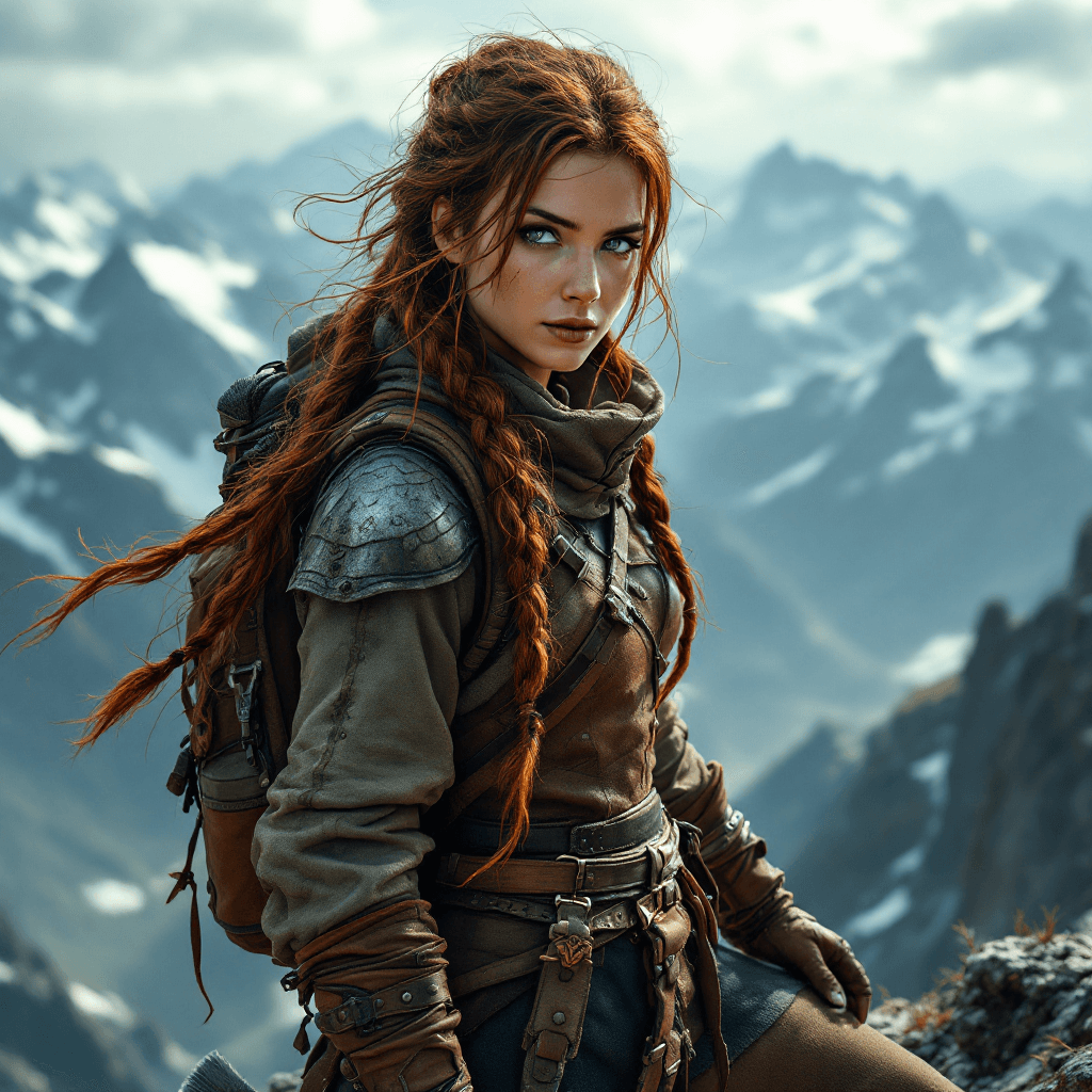 AI generated: A resilient woman with long, braided dark auburn hair, often windswept and practical. Her eyes are b...
