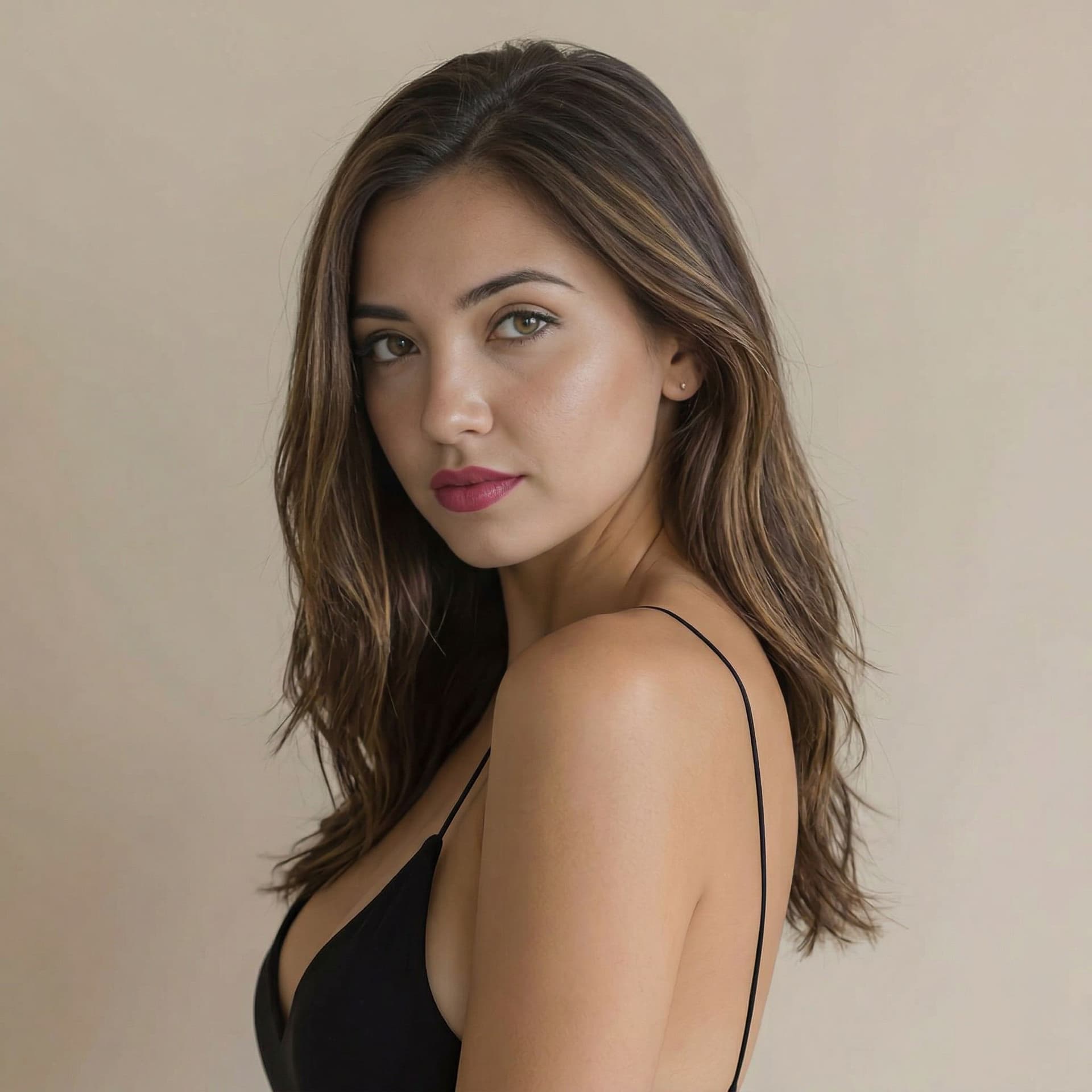 AI generated: The photograph features a young woman with medium length brown hair with highlights and tanned skin....