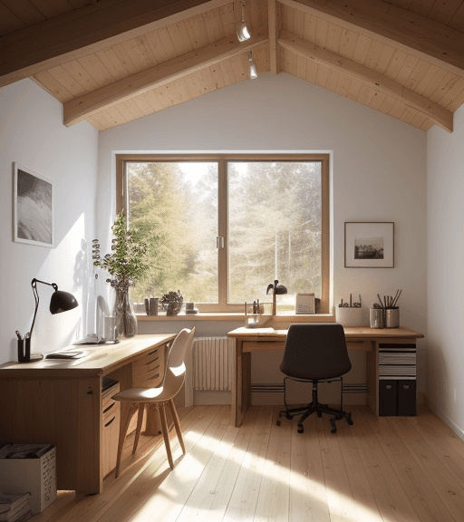 AI generated: A cozy Scandinavian home office, natural oak desk, ambient lighting from a floor-to-ceiling window, ...