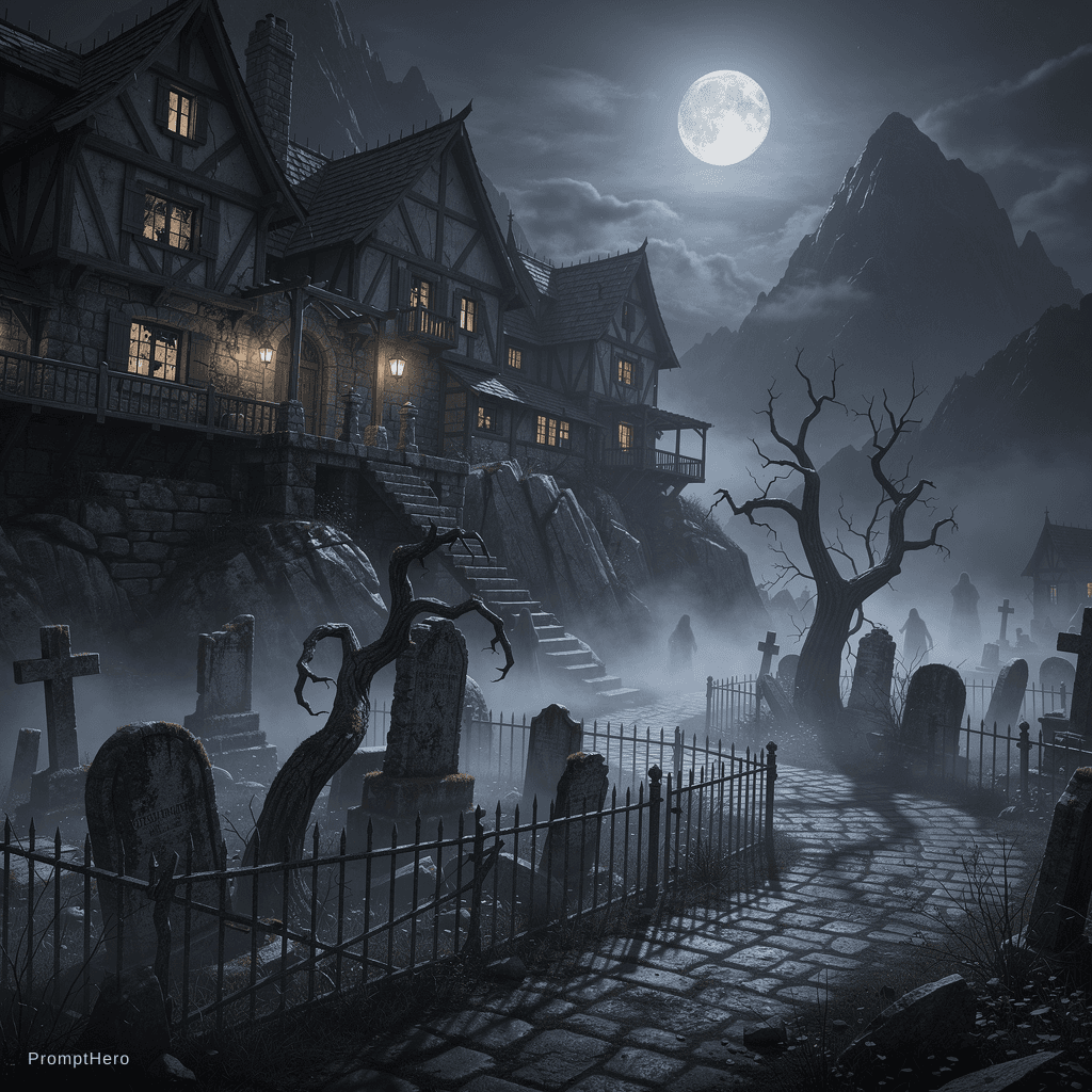 AI generated: haunted village with graveyard on mountain