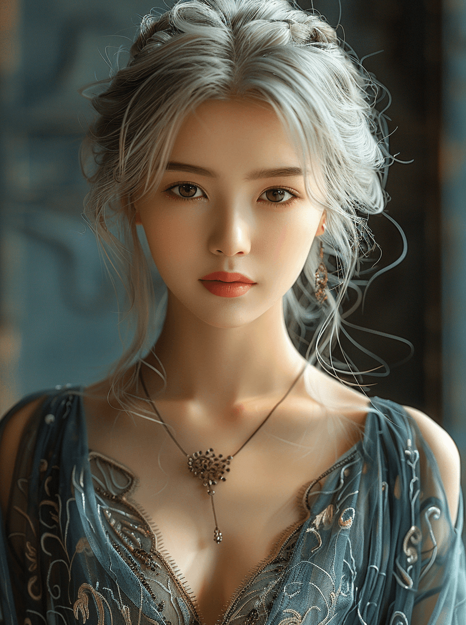AI generated: A Chinese girl with silver white hair, exquisite facial features, curly long bob hairstyle, high-def...