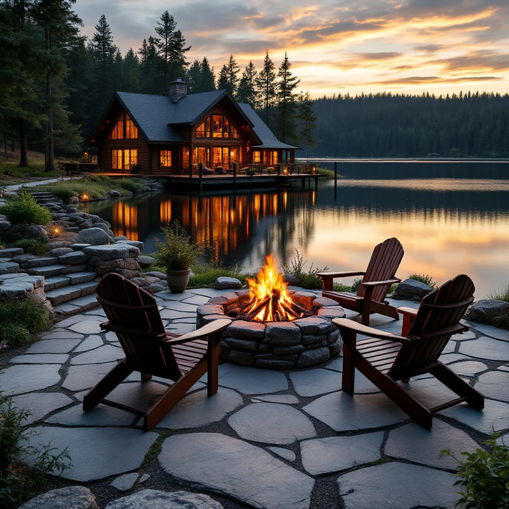 AI generated: A tranquil scene of a lakeside cabin at sunset. A large, log-cabin-style house sits on a waterfront ...