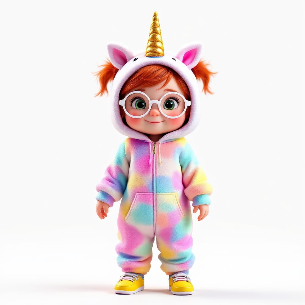 AI generated: create a 3D image of a 4 year old girl, realistic miniature style, she wears a unicorn costume in ca...