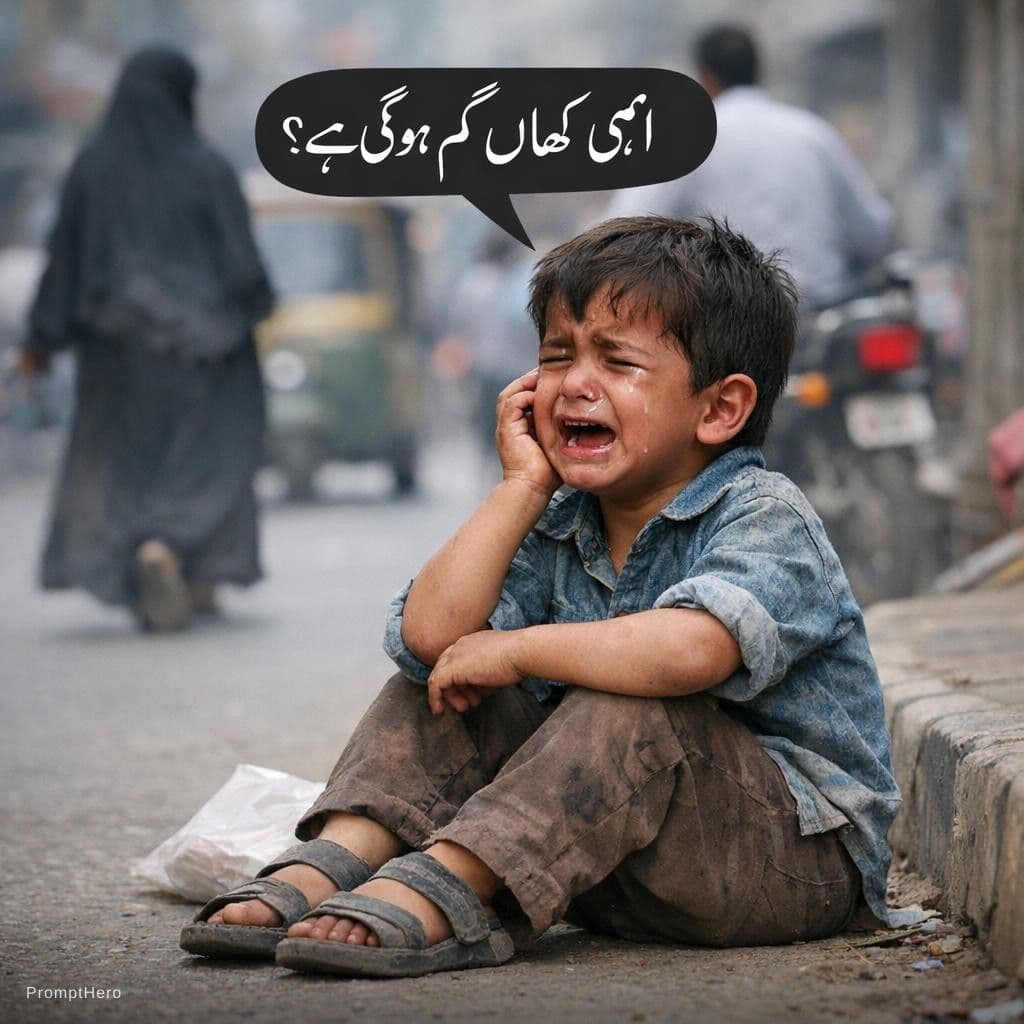 AI generated: ایک بچہ جو سڑک پر بیٹھا ہوا ہے اور رو رہا ہے اس کی ماں گم ہو گئی ہے