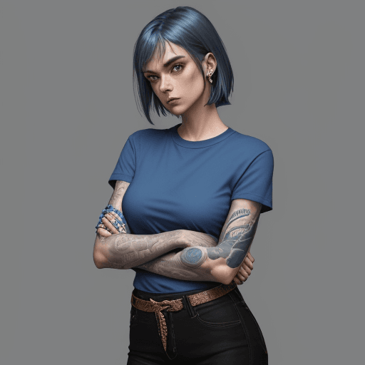 AI generated: a woman in blue gogles,blue shirt with her arms folded against , in the style of tattoo, normcore, d...