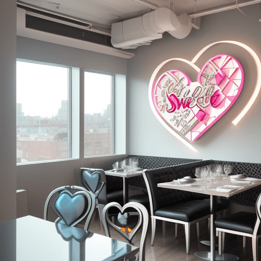 AI generated: Modern and stylish restaurant with window view, large laser-cut metal text "SWEET HEART" is hung on ...