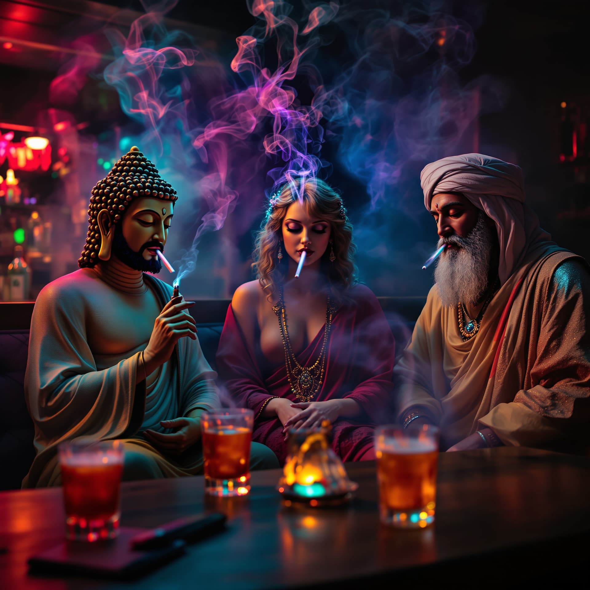 AI generated: Psychedelic, surreal. high resolution photography, front shot of, Buddha, Jesus, and Mohammad, all s...