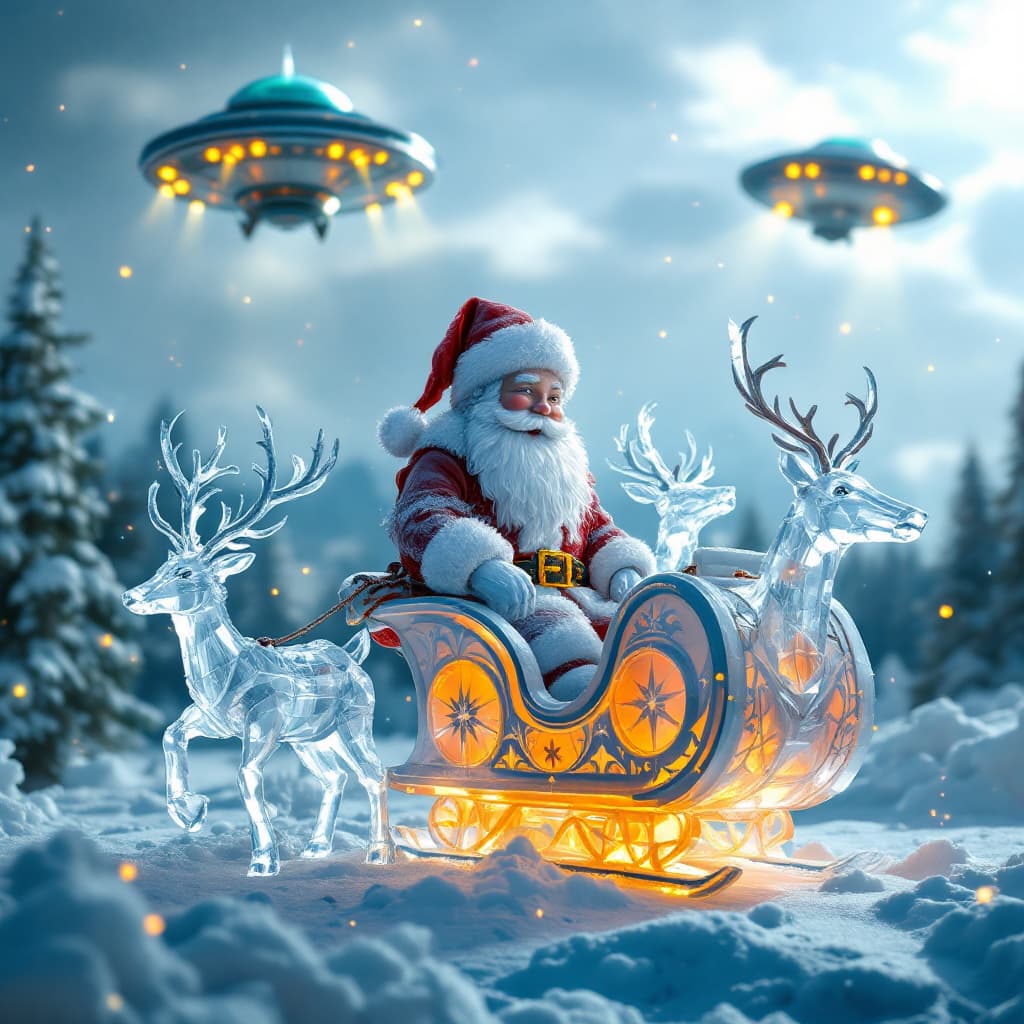 AI generated:  Ice fairytale sculptures of Santa in an ice sleigh pulled by ice deer,  in the sky , dogfight with ...