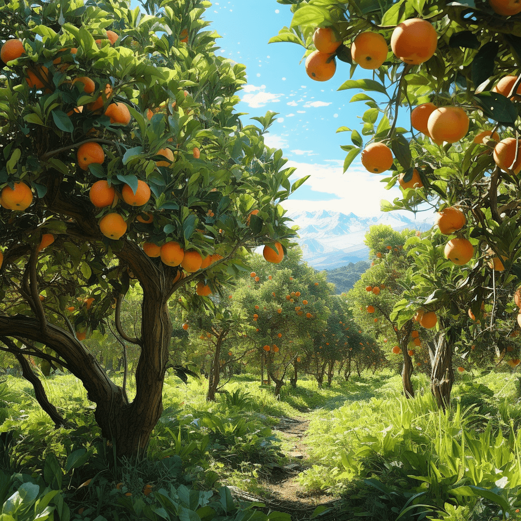 AI generated: An ultra-HD drawing capturing lush fruit orchards burgeoning in the skies of heaven, illuminated by ...
