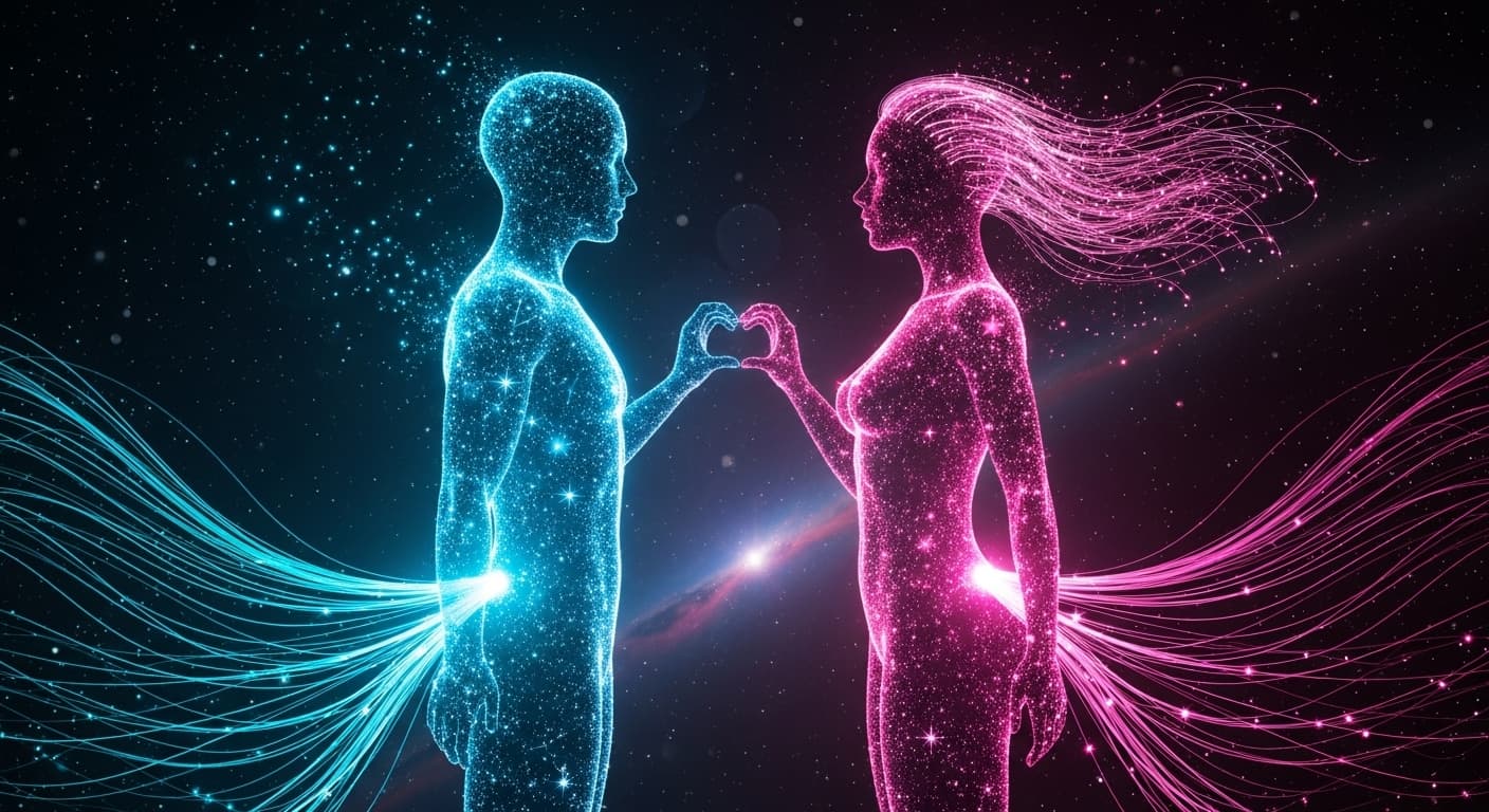 AI generated: Two luminous humanoid silhouettes in a cosmic setting, facing each other and touching both hands at ...