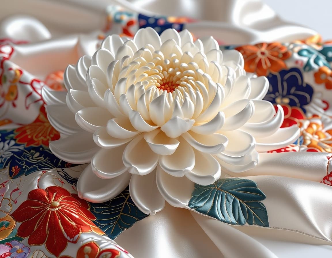 AI generated:  a work of art  in a  glossy satin silk fabric white rose  in 3d, each petals are  made of contrasti...