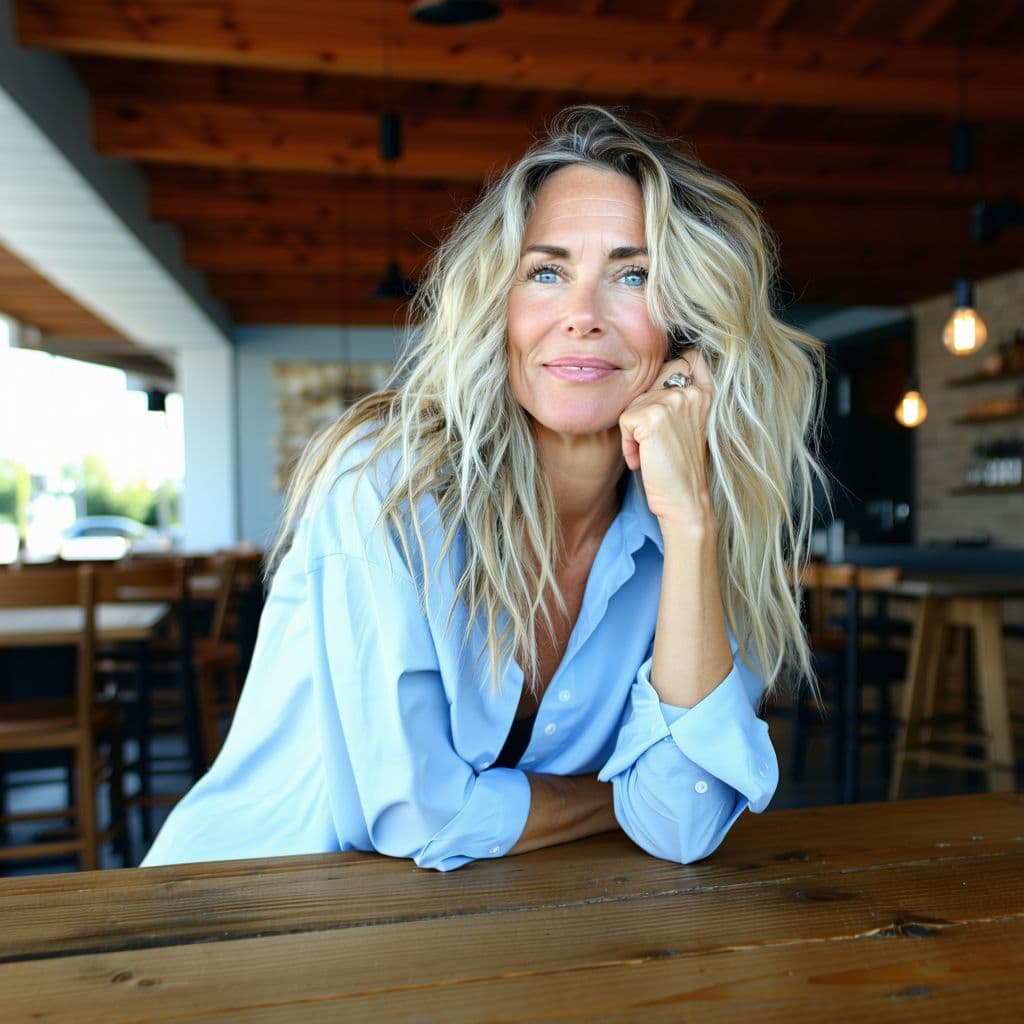 AI generated: Portrait of a blonde woman with wavy hair, wearing a light blue shirt, leaning forward on a wooden t...