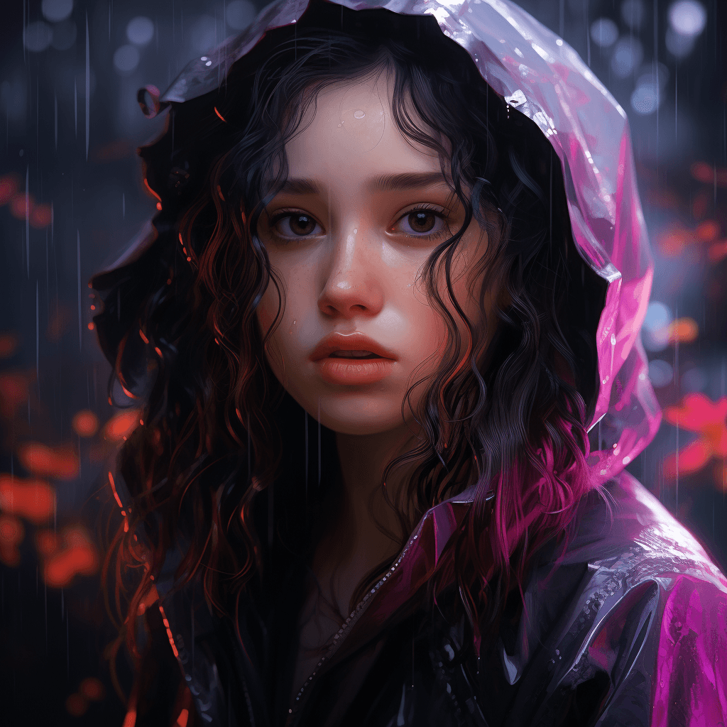 AI generated: A girl in wet weather with pink eyes, in the style of realistic scenery, gongbi, flowerpunk, shiny e...