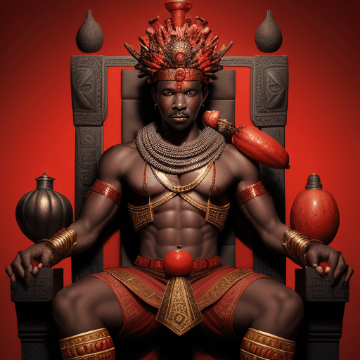 AI generated: African god, dressed in red and black, shirtless, with many gourds, with penetrating gaze, serious e...