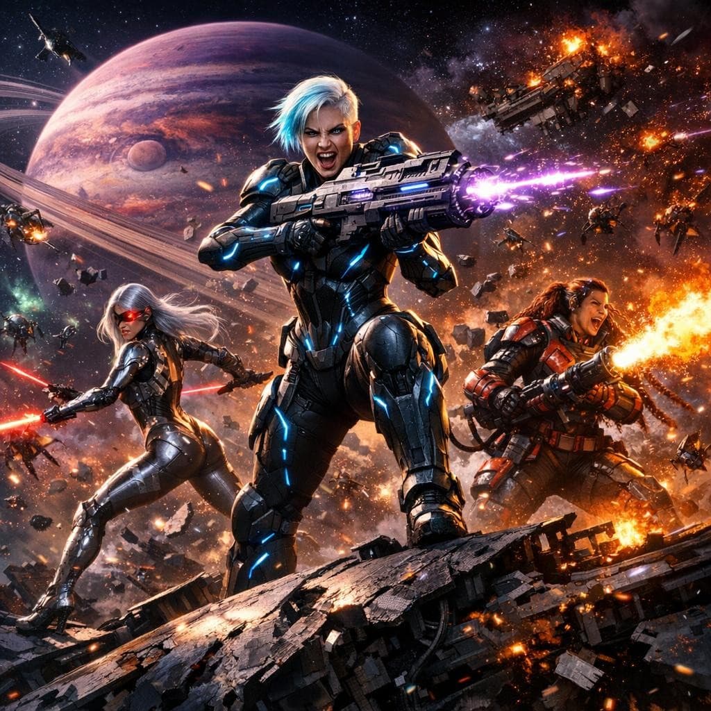 AI generated: A stunningly beautiful and fierce female space marine heroine with sharp angular features, piercing ...