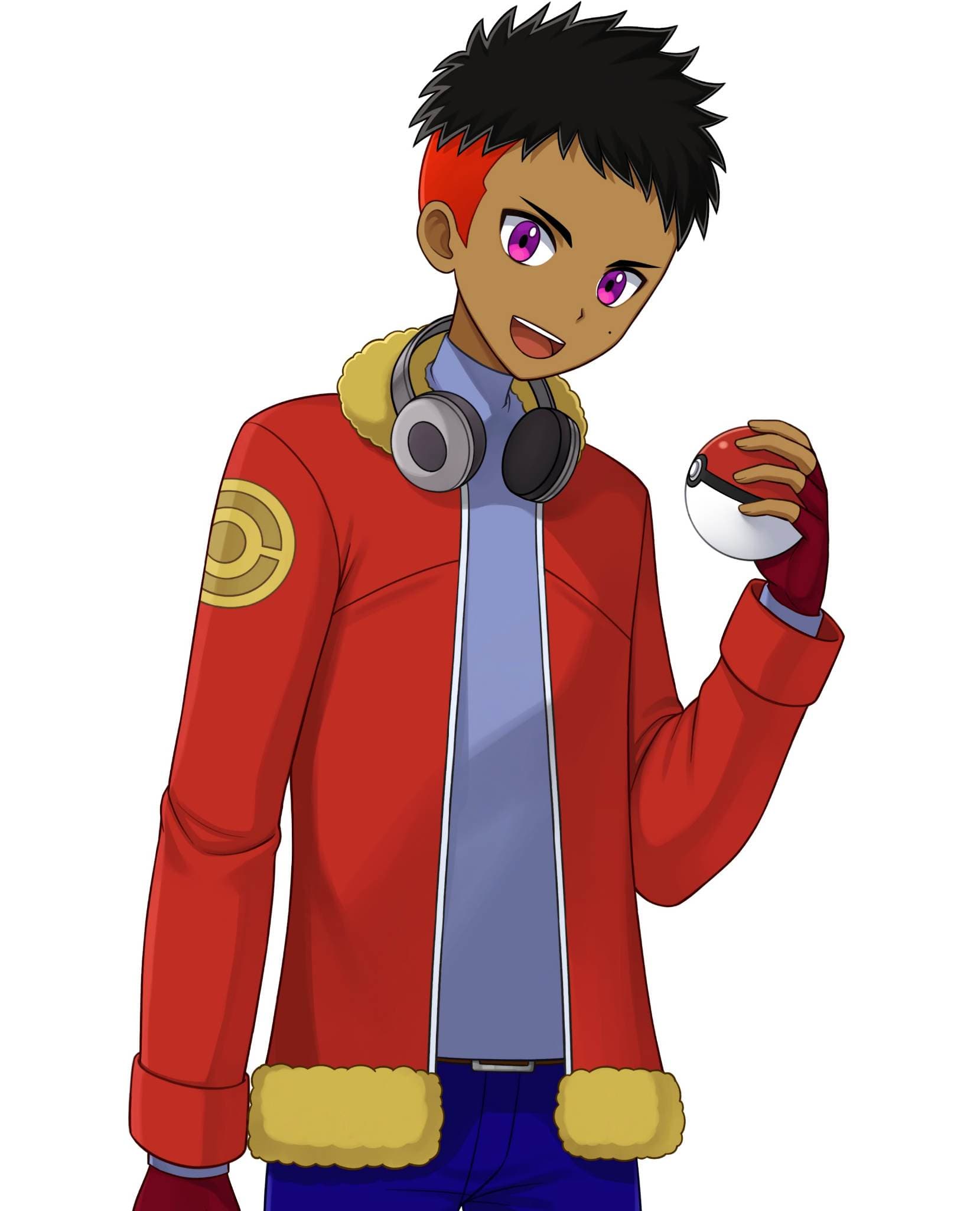AI generated: A black man with brown skin. Black hair shaved on the red sides. Purple eyes. He considered very cut...