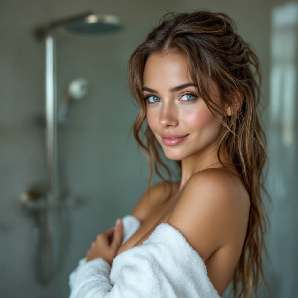 AI generated: HDR photo of beautiful fair skin woman with long light brunette hair, fit body, light-blue eyes, fro...
