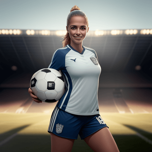 AI generated: professional sports athletic woman dressed as soccer player, soccer ball, smiling, football pitch in...
