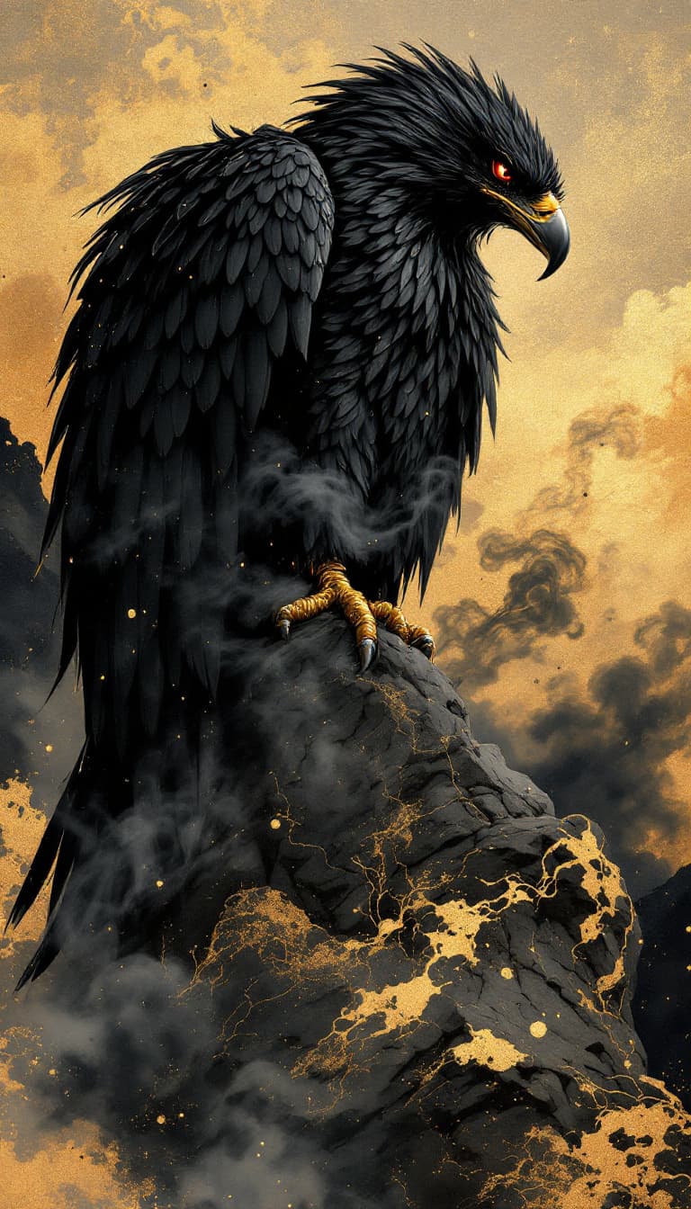 AI generated: (((Gold leaf art))), black gold-rimmed large rock, highly detailed majestic black eagle, spooky smok...
