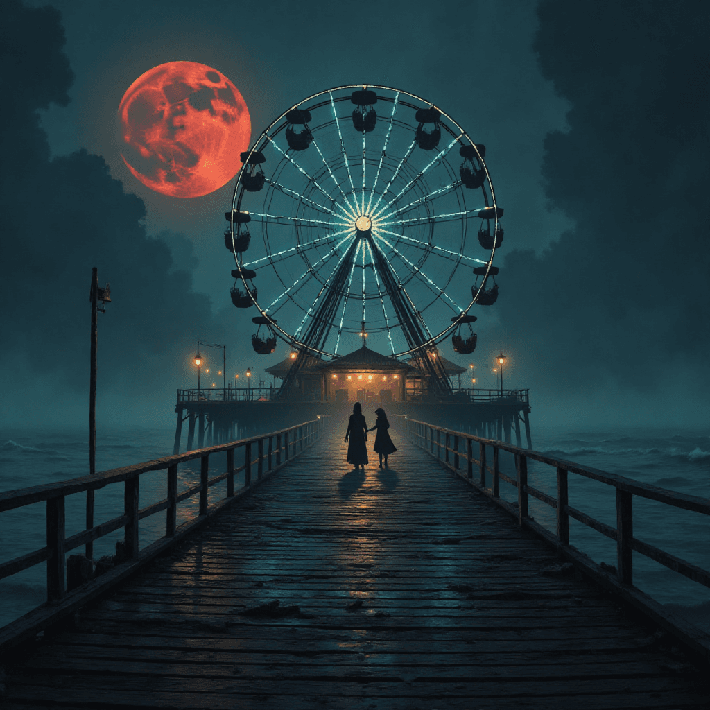 AI generated: Ghostly carnival on abandoned pier under a blood moon::1.4  
ethereal ferris wheel glowing faintly:...